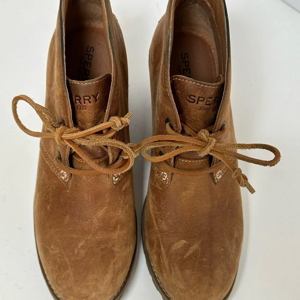 Sperry Top Slider Distressed Brown Leather Lace up Wedge Heel Ankle Boots Sz 7.5